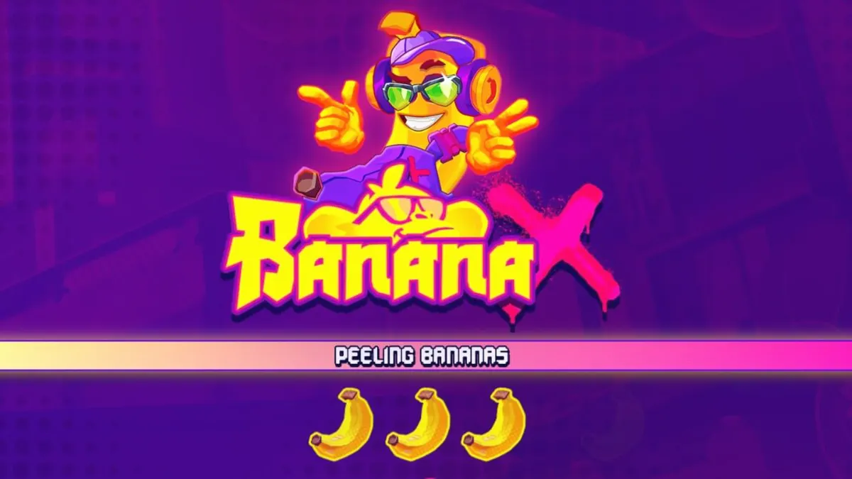 Tampilan visual slot Banana X dengan tema neon dan influencer monyet